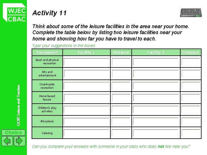 Activity 11 Think about some of the leisure facilities in the area near your