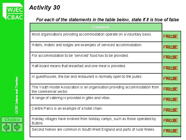 Activity 30 For each of the statements in the table below, state if it