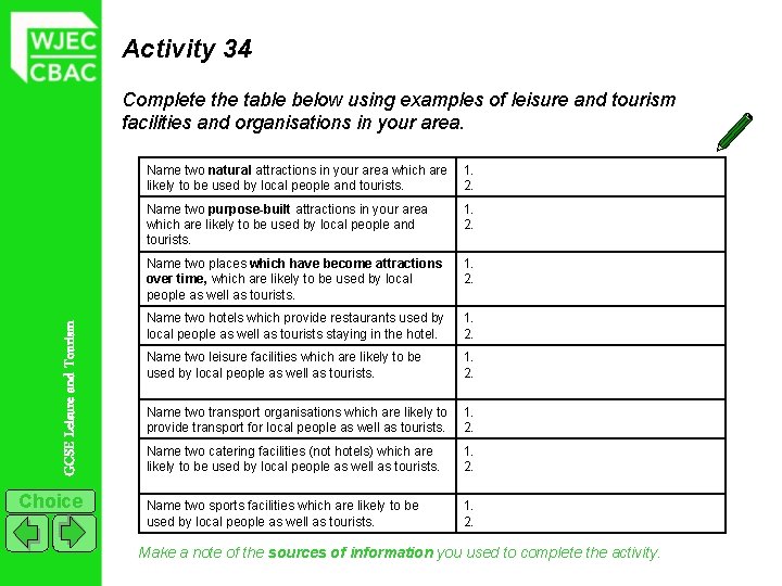 Activity 34 GCSE Leisure and Tourism Complete the table below using examples of leisure
