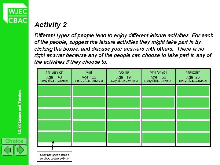 Activity 2 Different types of people tend to enjoy different leisure activities. For each