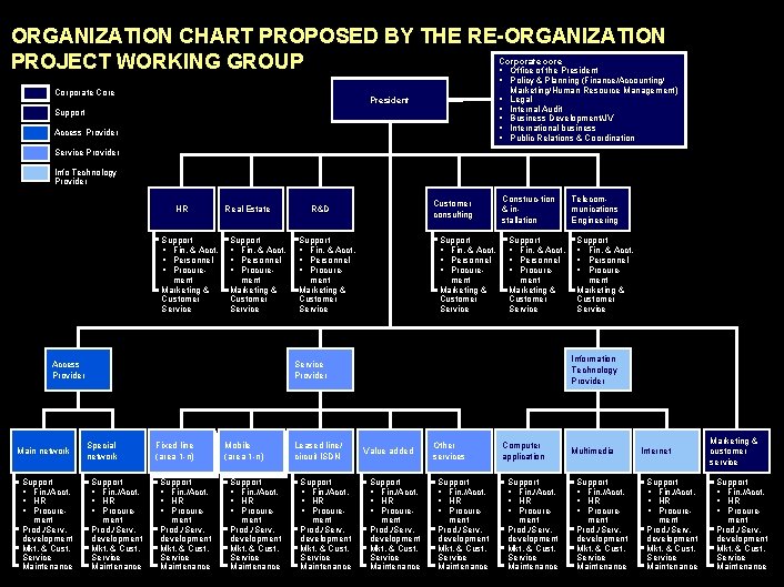 ORGANIZATION CHART PROPOSED BY THE RE-ORGANIZATION Corporate core PROJECT WORKING GROUP • Office of