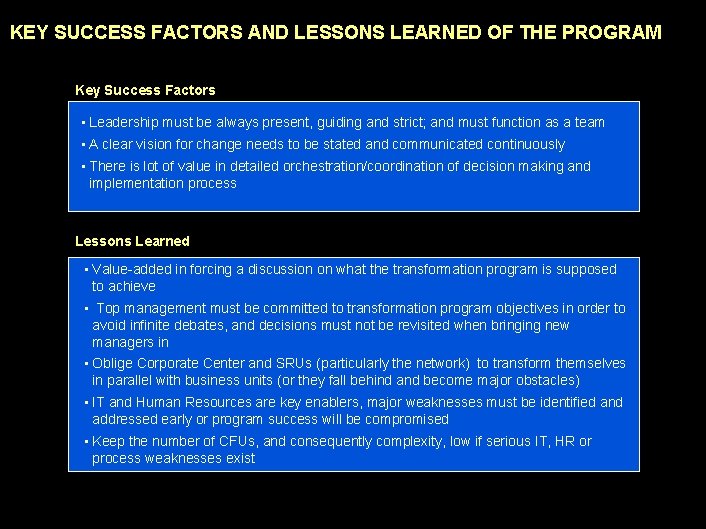 KEY SUCCESS FACTORS AND LESSONS LEARNED OF THE PROGRAM Key Success Factors • Leadership