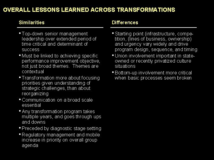 990617 BKZXW 380 WWGZ OVERALL LESSONS LEARNED ACROSS TRANSFORMATIONS Similarities Differences • Top-down senior