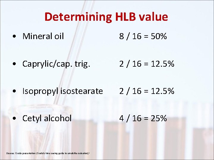 Determining HLB value • Mineral oil 8 / 16 = 50% • Caprylic/cap. trig.