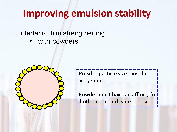 Improving emulsion stability Interfacial film strengthening • with powders Powder particle size must be