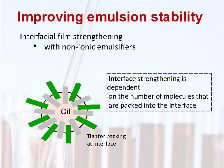 Improving emulsion stability Interfacial film strengthening • with non-ionic emulsifiers Oil Interface strengthening is