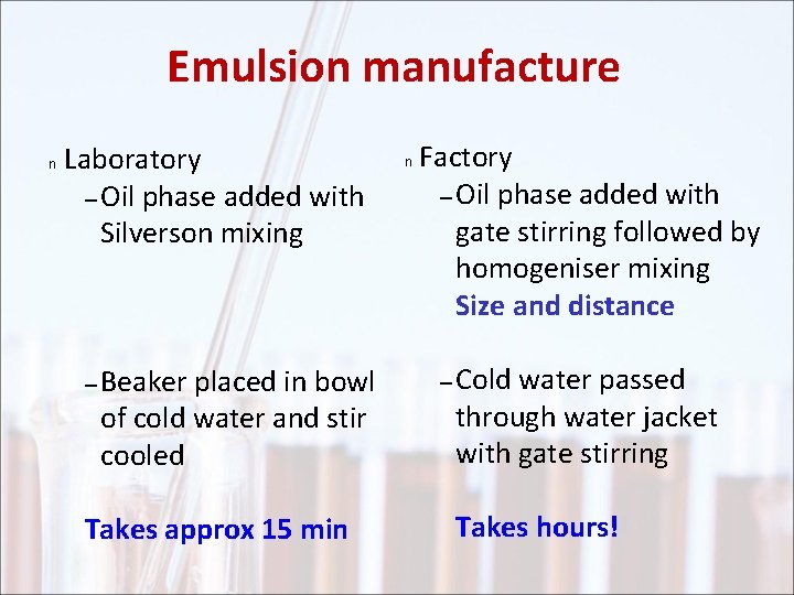Emulsion manufacture n Laboratory – Oil phase added with Silverson mixing – Beaker placed
