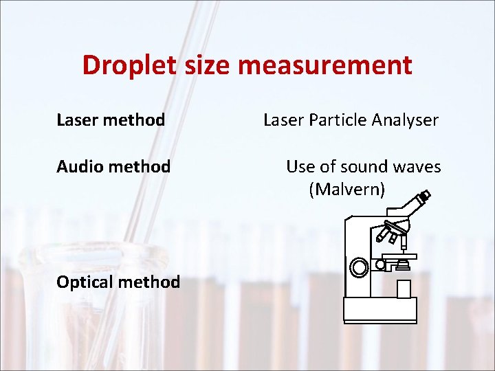 Droplet size measurement Laser method Laser Particle Analyser Audio method Use of sound waves