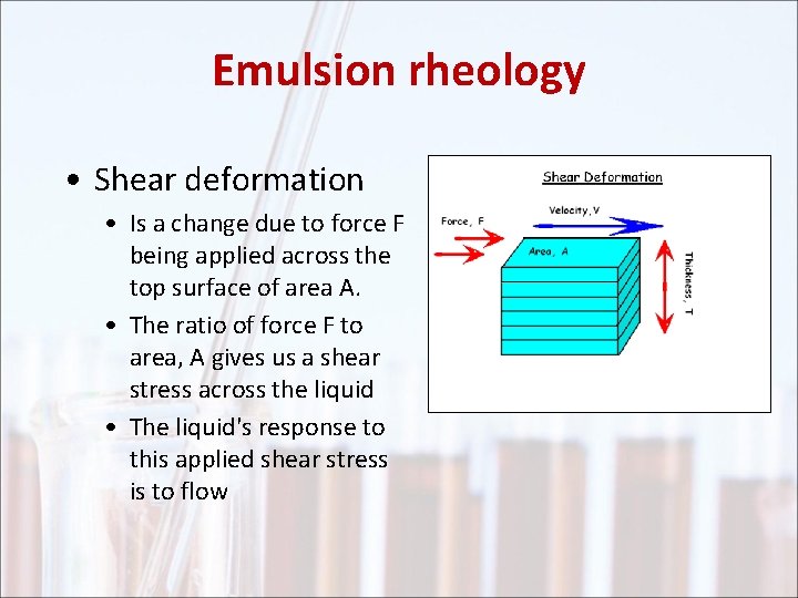 Emulsion rheology • Shear deformation • Is a change due to force F being
