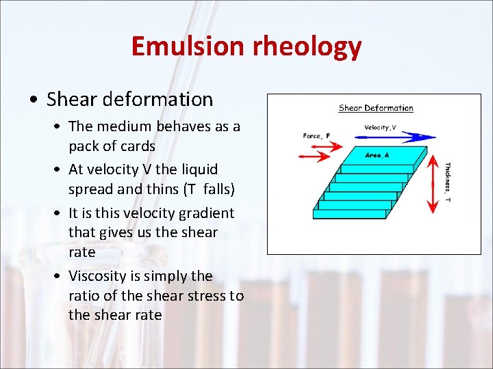 Emulsion rheology • Shear deformation • The medium behaves as a pack of cards