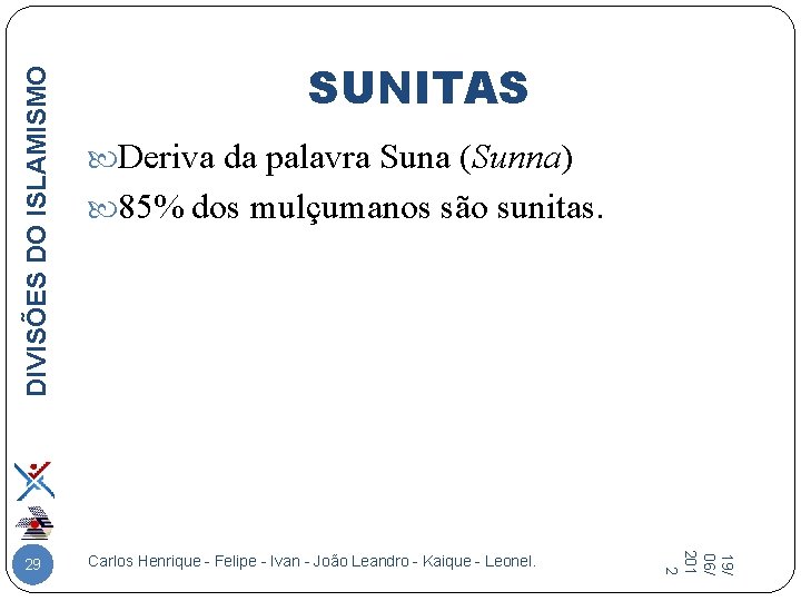 DIVISÕES DO ISLAMISMO Deriva da palavra Suna (Sunna) 85% dos mulçumanos são sunitas. Carlos