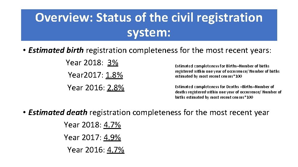 Overview: Status of the civil registration system: • Estimated birth registration completeness for the