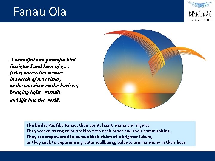 Fanau Ola A beautiful and powerful bird, farsighted and keen of eye, flying across