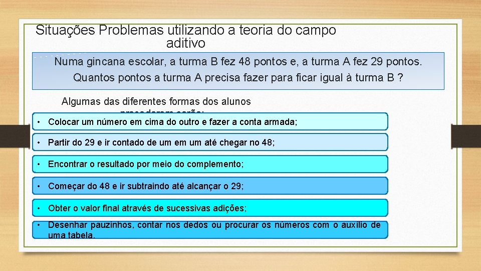 Situações Problemas utilizando a teoria do campo aditivo Numa gincana escolar, a turma B