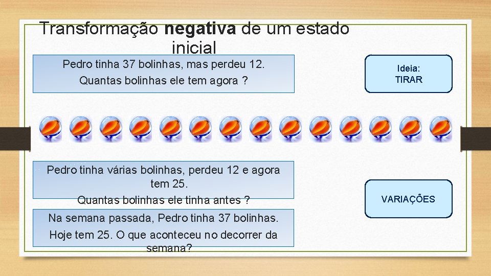 Transformação negativa de um estado inicial Pedro tinha 37 bolinhas, mas perdeu 12. Quantas