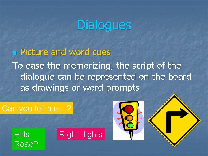 Dialogues Picture and word cues To ease the memorizing, the script of the dialogue