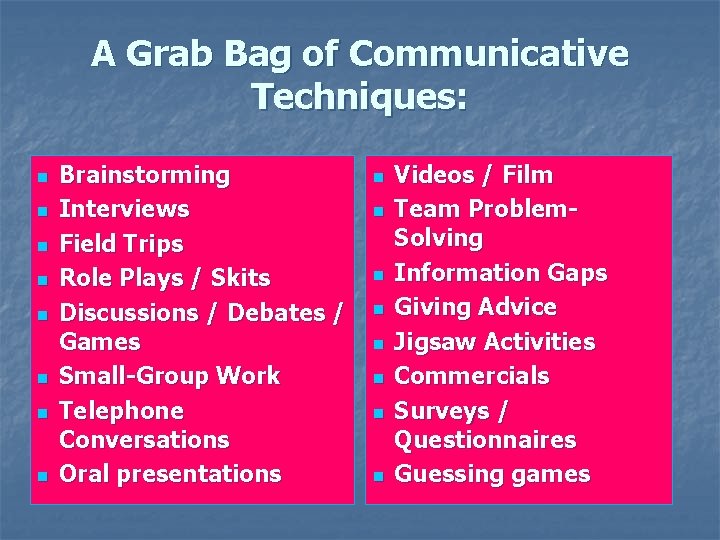 A Grab Bag of Communicative Techniques: n n n n Brainstorming Interviews Field Trips