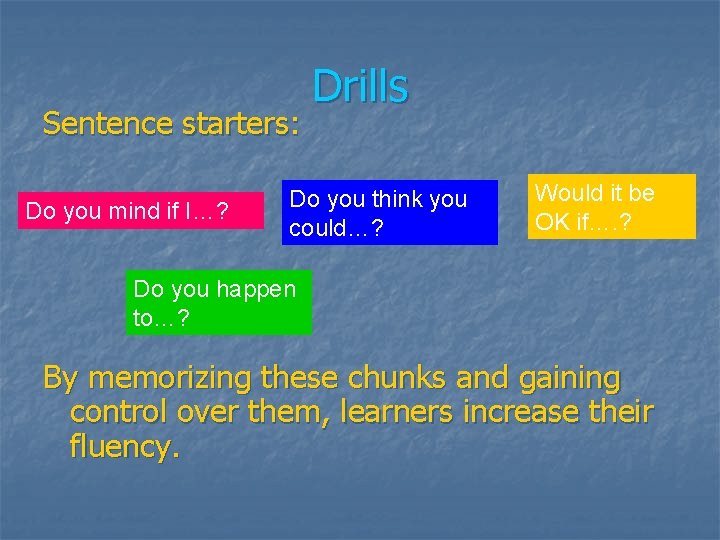 Sentence starters: Do you mind if I…? Drills Do you think you could…? Would