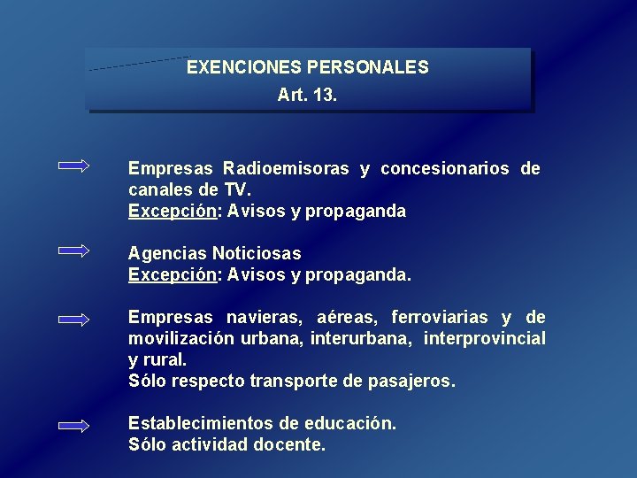 EXENCIONES PERSONALES Art. 13. Empresas Radioemisoras y concesionarios de canales de TV. Excepción: Avisos EXENCIONES PERSONALES Art. 13. Empresas Radioemisoras y concesionarios de canales de TV. Excepción: Avisos
