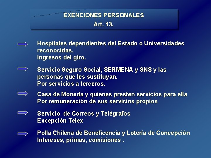 EXENCIONES PERSONALES Art. 13. Hospitales dependientes del Estado o Universidades reconocidas. Ingresos del giro. EXENCIONES PERSONALES Art. 13. Hospitales dependientes del Estado o Universidades reconocidas. Ingresos del giro.