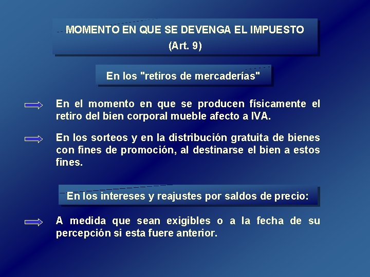 MOMENTO EN QUE SE DEVENGA EL IMPUESTO (Art. 9) En los "retiros de mercaderías" MOMENTO EN QUE SE DEVENGA EL IMPUESTO (Art. 9) En los "retiros de mercaderías"