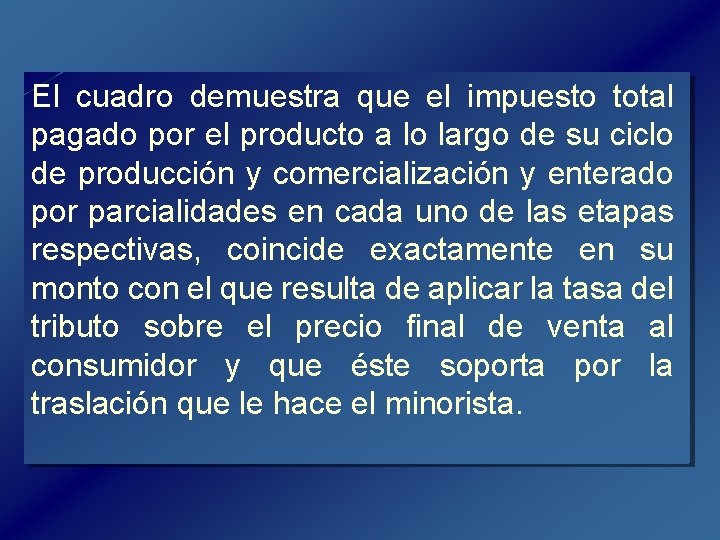 El cuadro demuestra que el impuesto total pagado por el producto a lo largo El cuadro demuestra que el impuesto total pagado por el producto a lo largo