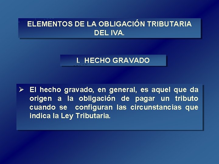 ELEMENTOS DE LA OBLIGACIÓN TRIBUTARIA DEL IVA. I. HECHO GRAVADO Ø El hecho gravado, ELEMENTOS DE LA OBLIGACIÓN TRIBUTARIA DEL IVA. I. HECHO GRAVADO Ø El hecho gravado,