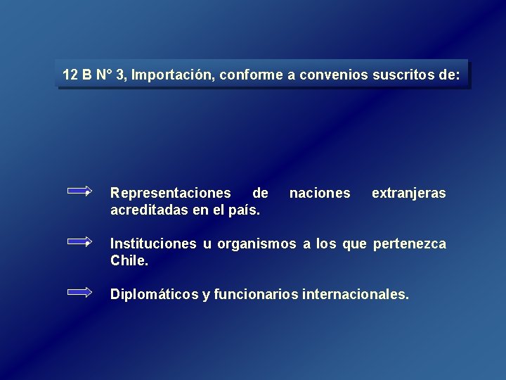 12 B N° 3, Importación, conforme a convenios suscritos de: • Representaciones de acreditadas 12 B N° 3, Importación, conforme a convenios suscritos de: • Representaciones de acreditadas