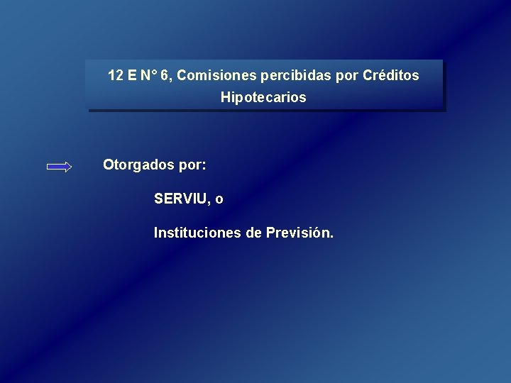 12 E N° 6, Comisiones percibidas por Créditos Hipotecarios Otorgados por: SERVIU, o Instituciones 12 E N° 6, Comisiones percibidas por Créditos Hipotecarios Otorgados por: SERVIU, o Instituciones