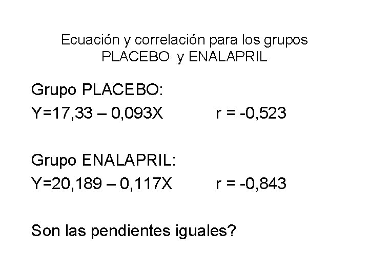 Ecuación y correlación para los grupos PLACEBO y ENALAPRIL Grupo PLACEBO: Y=17, 33 – Ecuación y correlación para los grupos PLACEBO y ENALAPRIL Grupo PLACEBO: Y=17, 33 –