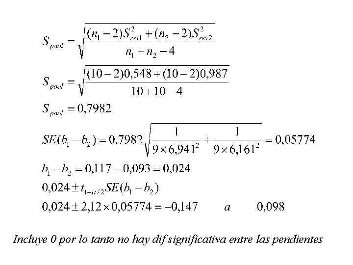 Incluye 0 por lo tanto no hay dif significativa entre las pendientes Incluye 0 por lo tanto no hay dif significativa entre las pendientes