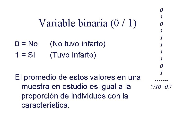 Variable binaria (0 / 1) 0 = No 1 = Si (No tuvo infarto) Variable binaria (0 / 1) 0 = No 1 = Si (No tuvo infarto)