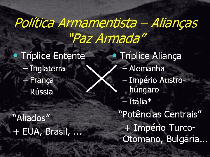 Política Armamentista – Alianças “Paz Armada” • Tríplice Entente – Inglaterra – França –