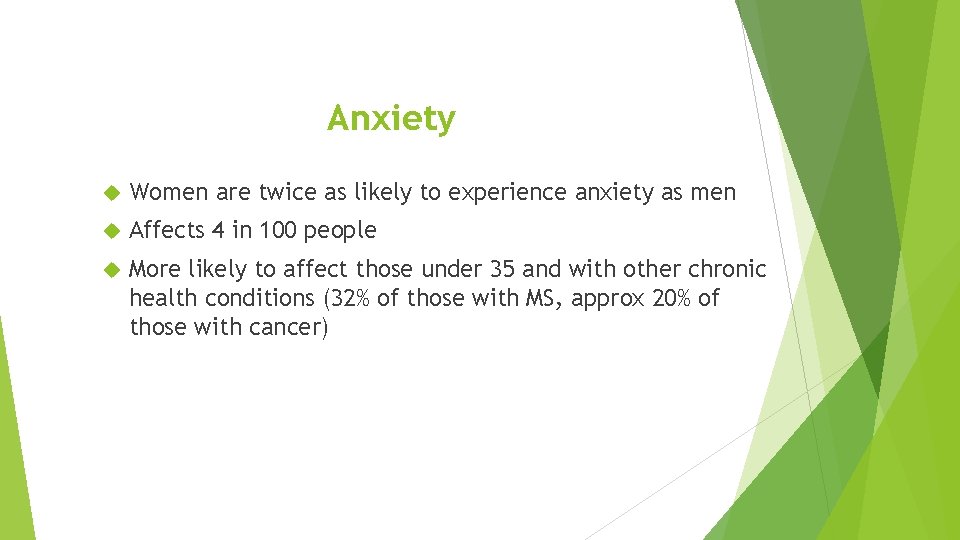 Anxiety Women are twice as likely to experience anxiety as men Affects 4 in
