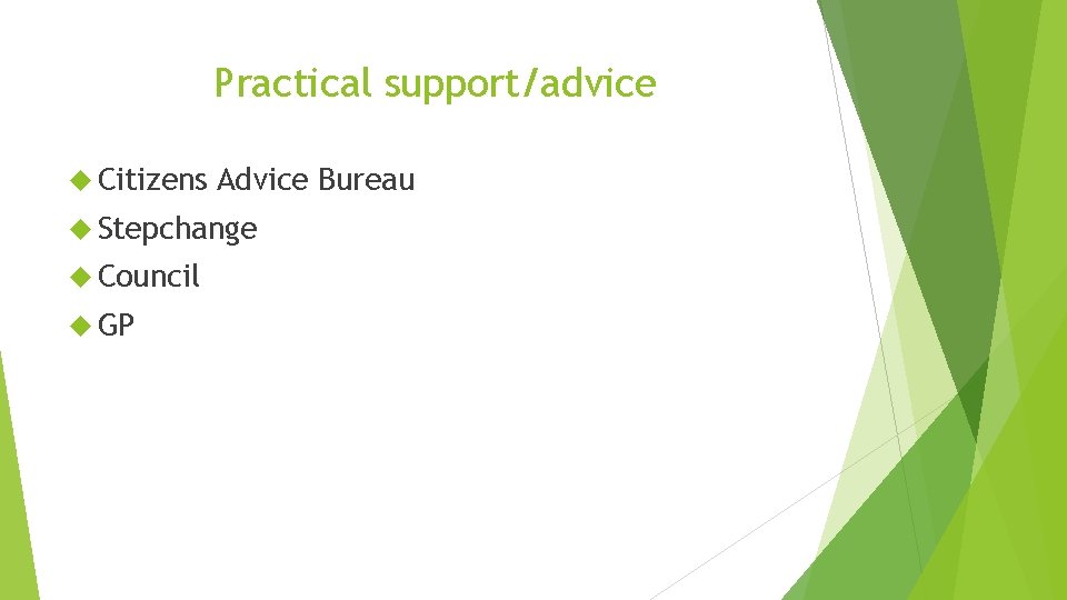 Practical support/advice Citizens Advice Bureau Stepchange Council GP 