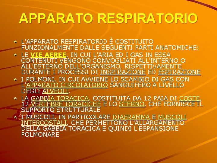 APPARATO RESPIRATORIO L'APPARATO RESPIRATORIO È COSTITUITO FUNZIONALMENTE DALLE SEGUENTI PARTI ANATOMICHE: LE VIE AEREE, APPARATO RESPIRATORIO L'APPARATO RESPIRATORIO È COSTITUITO FUNZIONALMENTE DALLE SEGUENTI PARTI ANATOMICHE: LE VIE AEREE,