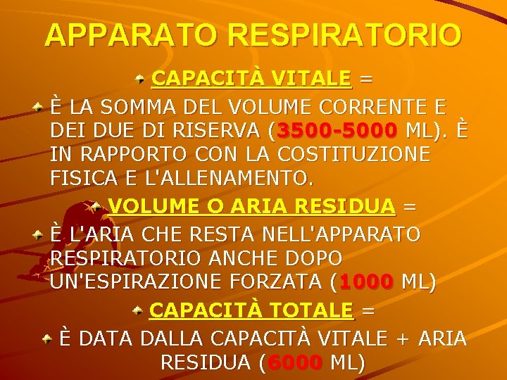 APPARATO RESPIRATORIO CAPACITÀ VITALE = È LA SOMMA DEL VOLUME CORRENTE E DEI DUE