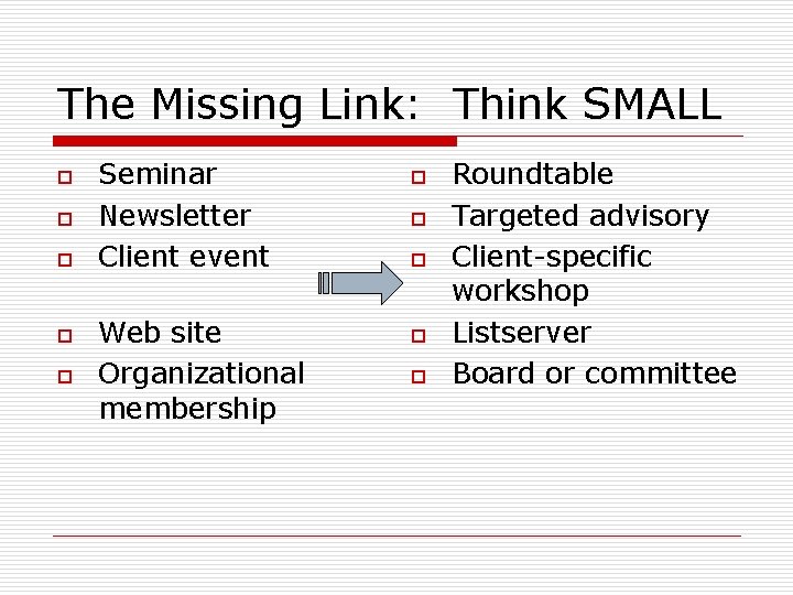 The Missing Link: Think SMALL o o o Seminar Newsletter Client event Web site The Missing Link: Think SMALL o o o Seminar Newsletter Client event Web site