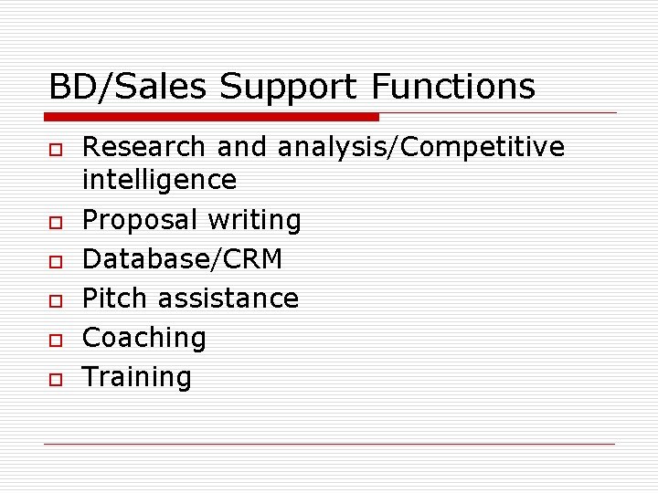 BD/Sales Support Functions o o o Research and analysis/Competitive intelligence Proposal writing Database/CRM Pitch BD/Sales Support Functions o o o Research and analysis/Competitive intelligence Proposal writing Database/CRM Pitch