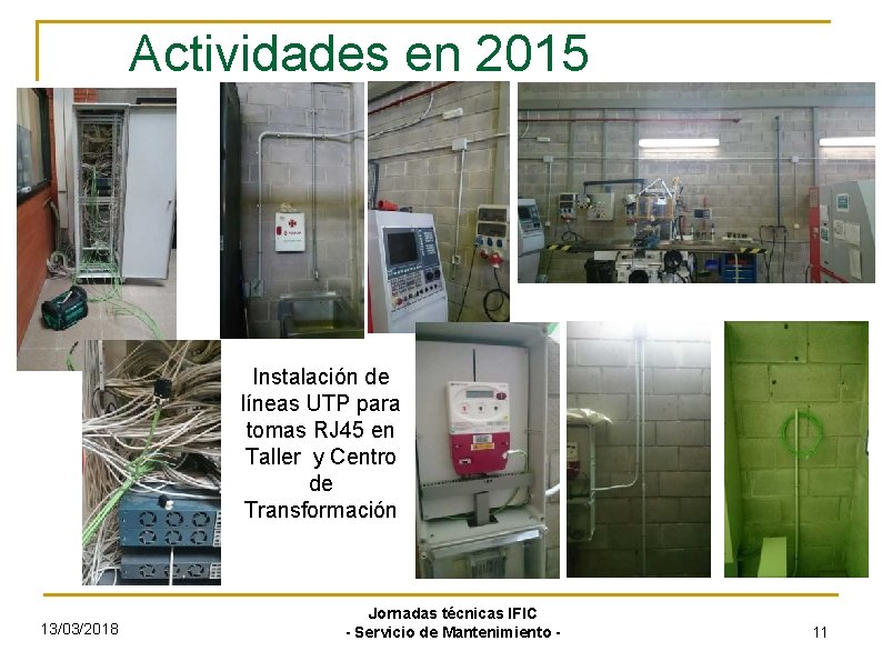 Actividades en 2015 Instalación de líneas UTP para tomas RJ 45 en Taller y