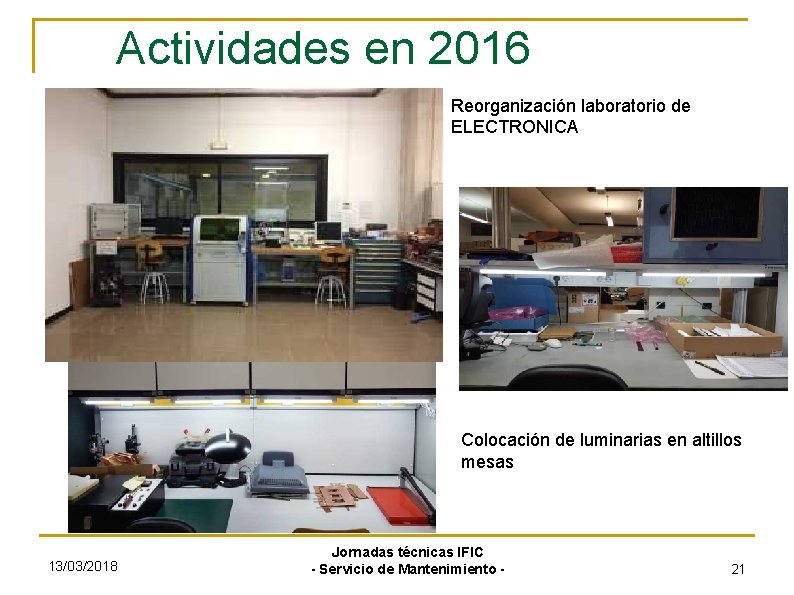 Actividades en 2016 Reorganización laboratorio de ELECTRONICA Colocación de luminarias en altillos mesas 13/03/2018