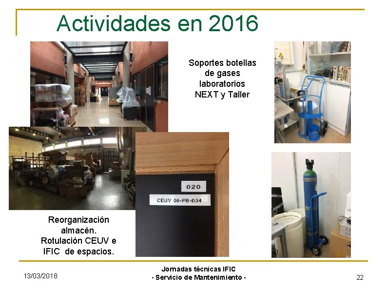 Actividades en 2016 Soportes botellas de gases laboratorios NEXT y Taller Reorganización almacén. Rotulación