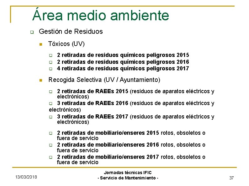 Área medio ambiente Gestión de Residuos Tóxicos (UV) 2 retiradas de residuos químicos peligrosos