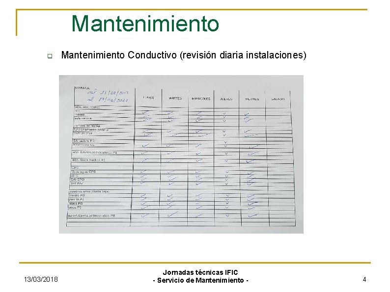 Mantenimiento 13/03/2018 Mantenimiento Conductivo (revisión diaria instalaciones) Jornadas técnicas IFIC - Servicio de Mantenimiento