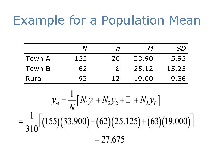 Example for a Population Mean N n M SD Town A 155 20 33.