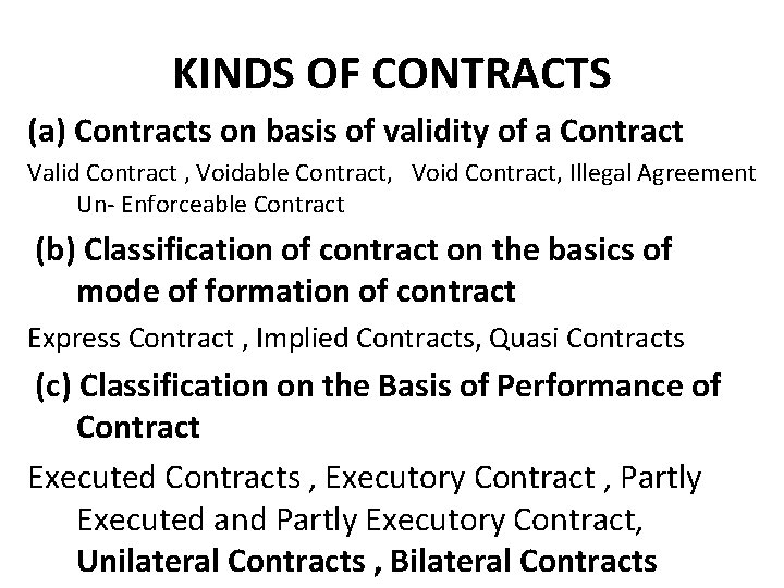 KINDS OF CONTRACTS (a) Contracts on basis of validity of a Contract Valid Contract