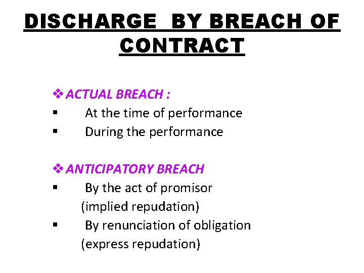 DISCHARGE BY BREACH OF CONTRACT v ACTUAL BREACH : § At the time of