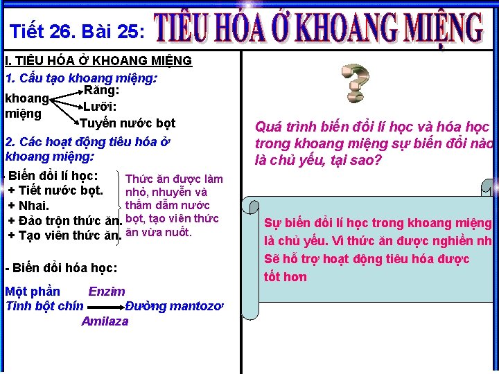 Tiết 26. Bài 25: I. TIÊU HÓA Ở KHOANG MIỆNG 1. Cấu tạo khoang