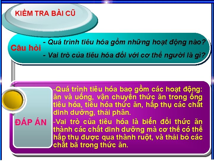 KIỂM TRA BÀI CŨ Câu hỏi - Quá trình tiêu hóa gồm những hoạt