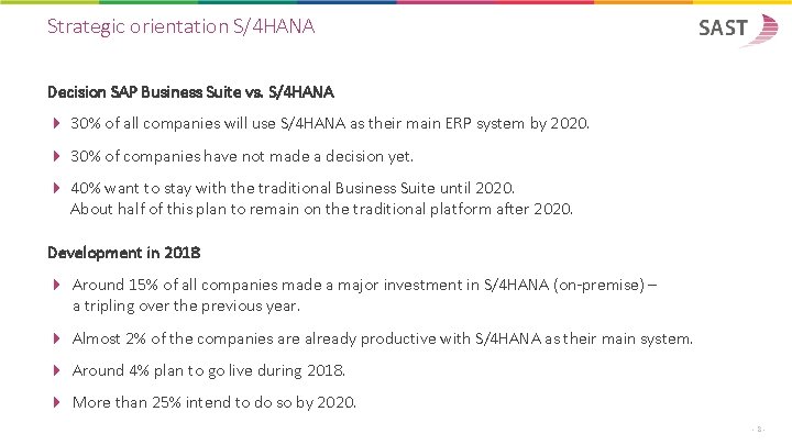 Strategic orientation S/4 HANA Decision SAP Business Suite vs. S/4 HANA 30% of all